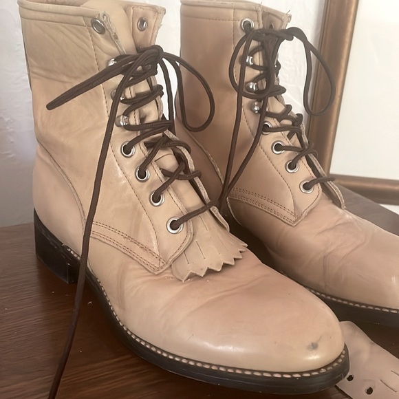 Vintage Justin Roper Boots Cream Leather Combat Lace-Up Youth 4 Women's Size 6 - Picture 2 of 10
